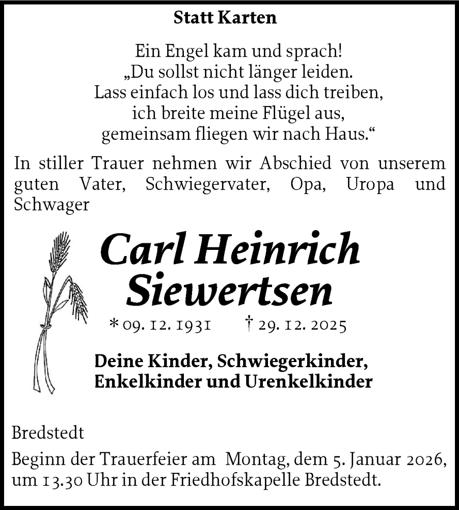  Traueranzeige für Carl Heinrich Siewertsen vom 03.01.2026 aus Husumer Nachrichten, Nordfriesland Tageblatt