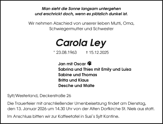 Traueranzeige von Carola Ley von Sylter Rundschau