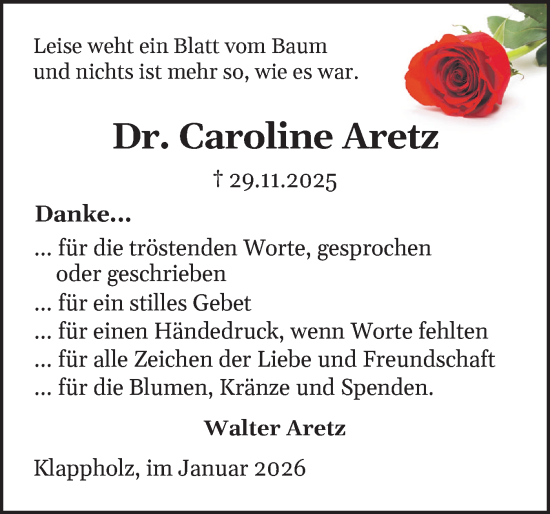 Traueranzeige von Caroline Aretz von Schleswiger Nachrichten, Schlei-Bote