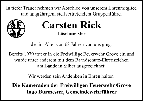 Traueranzeige von Carsten Rick von Wochenend Anzeiger