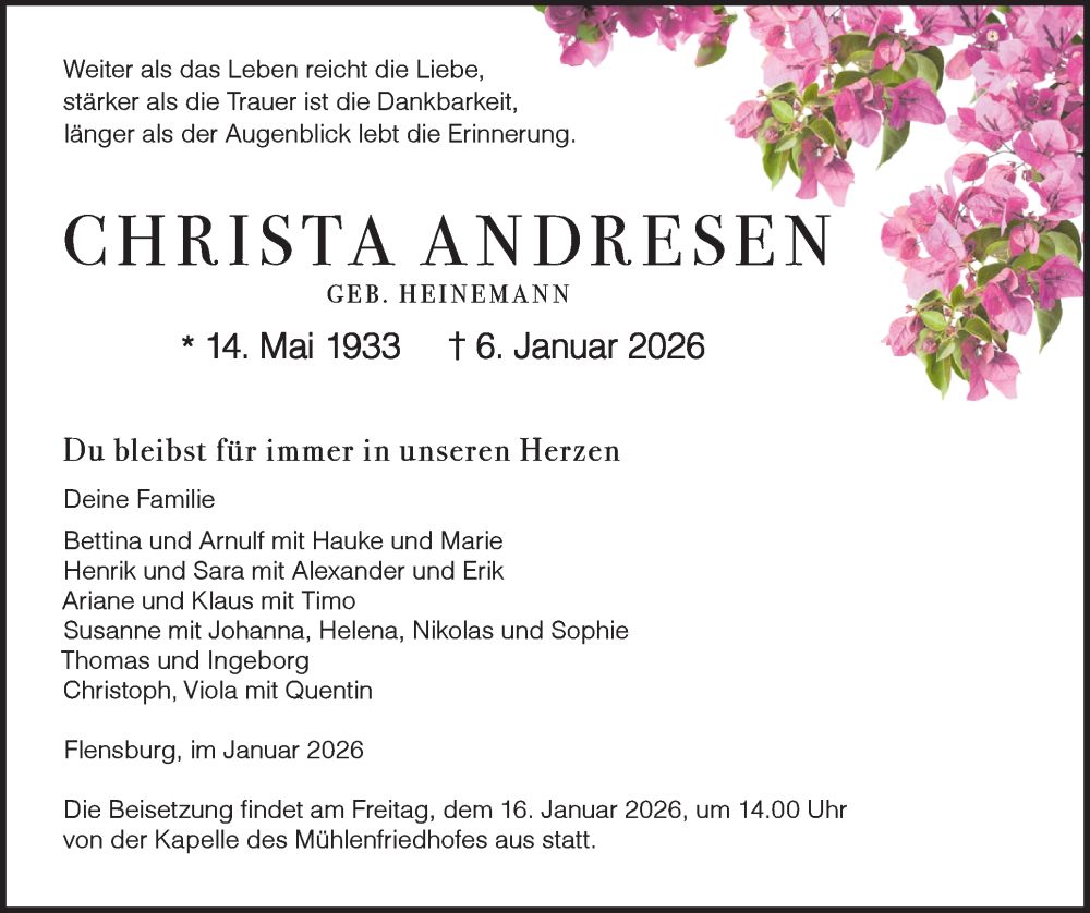 Traueranzeige für Christa Andresen vom 10.01.2026 aus Flensburger Tageblatt