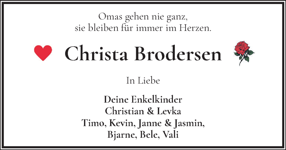  Traueranzeige für Christa Brodersen vom 30.01.2026 aus Husumer Nachrichten, Nordfriesland Tageblatt