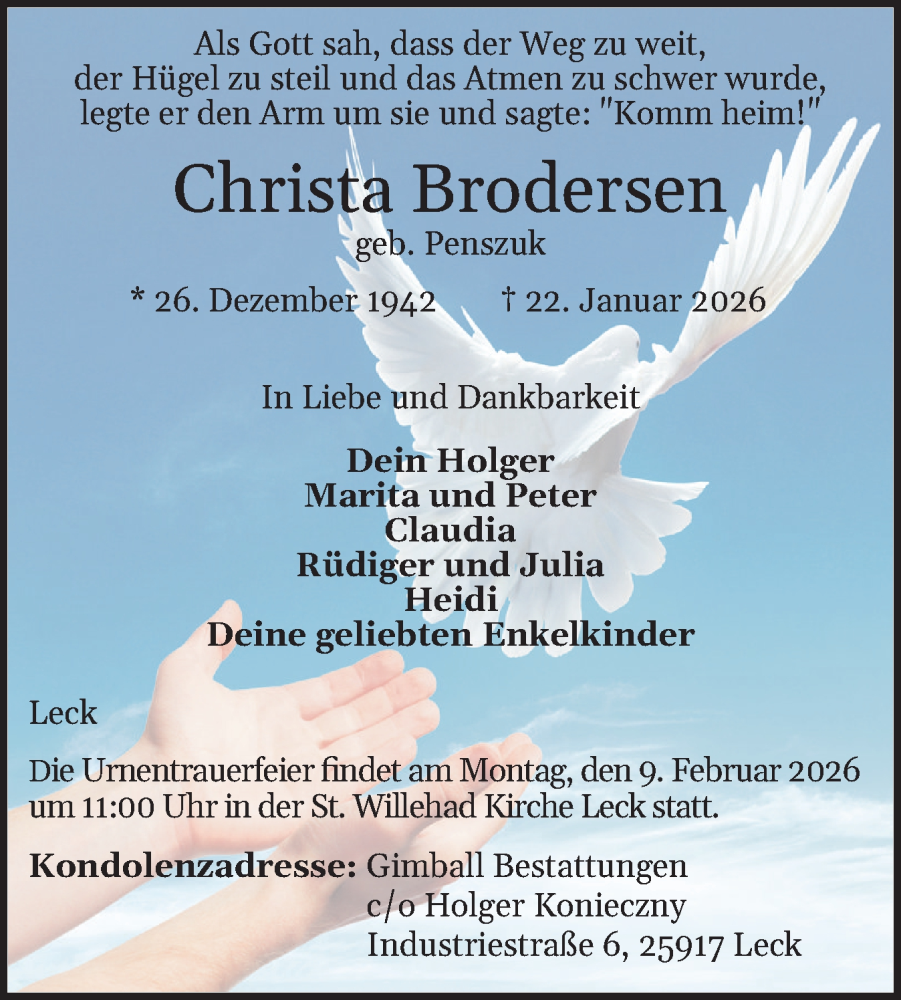  Traueranzeige für Christa Brodersen vom 30.01.2026 aus Husumer Nachrichten, Nordfriesland Tageblatt