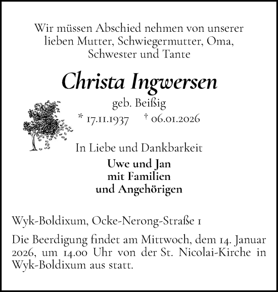 Traueranzeige von Christa Ingwersen von Der Insel-Bote