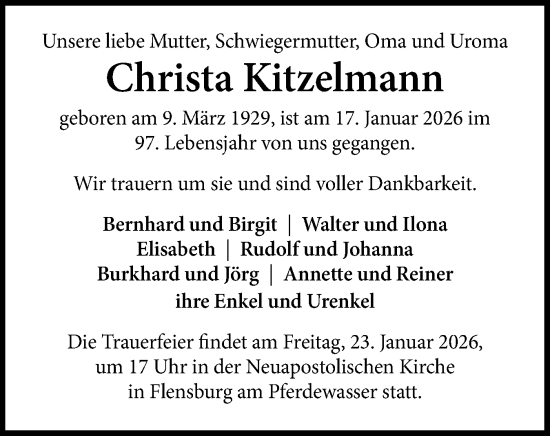 Traueranzeige von Christa Kitzelmann von Flensburger Tageblatt