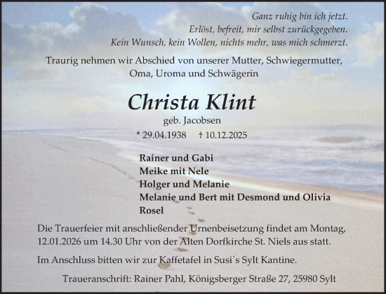 Traueranzeige von Christa Klint von Sylter Rundschau