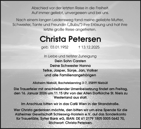 Traueranzeige von Christa Petersen von Sylter Rundschau