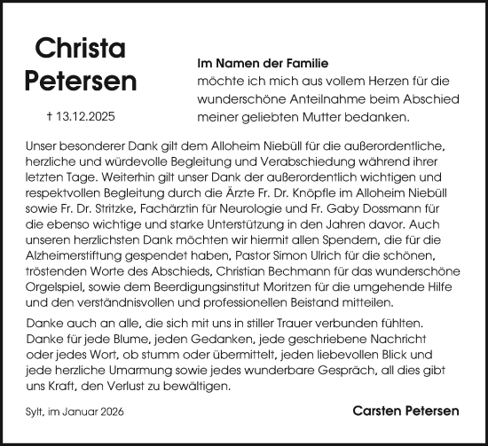 Traueranzeige von Christa Petersen von Sylter Rundschau
