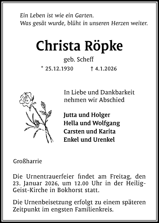 Traueranzeige von Christa Röpke von Region Flensburg