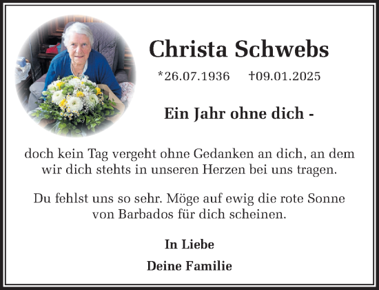Traueranzeige von Christa Schwebs von Wochenend Anzeiger
