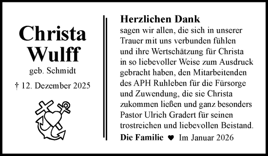 Traueranzeige von Christa Wulff von Ostholsteiner Anzeiger