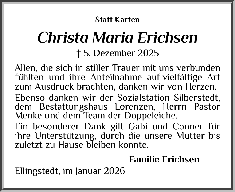 Traueranzeige für Christa Maria Erichsen vom 17.01.2026 aus Schleswiger Nachrichten, Schlei-Bote