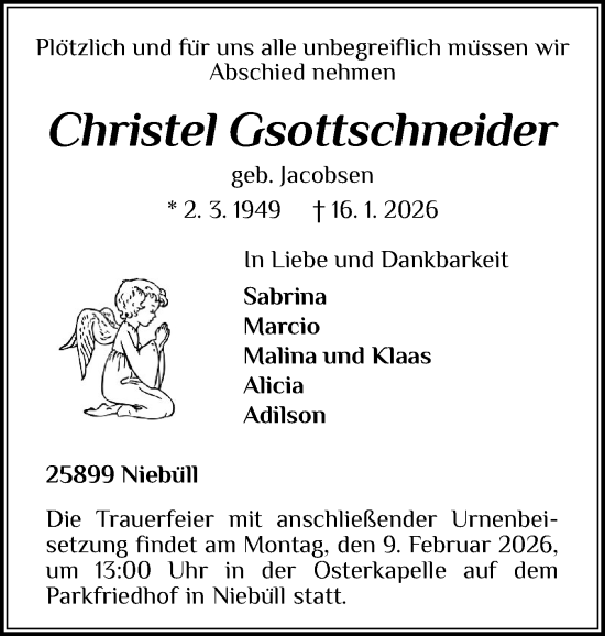 Traueranzeige von Christel Gsottschneider von Region Westküste