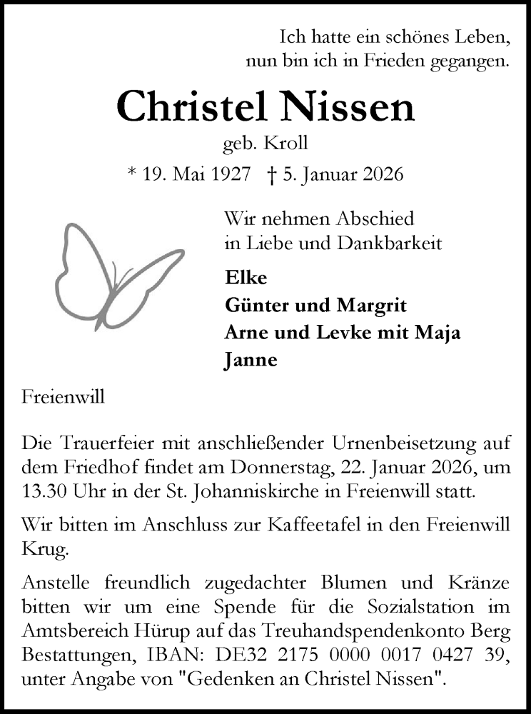  Traueranzeige für Christel Nissen vom 10.01.2026 aus Flensburger Tageblatt