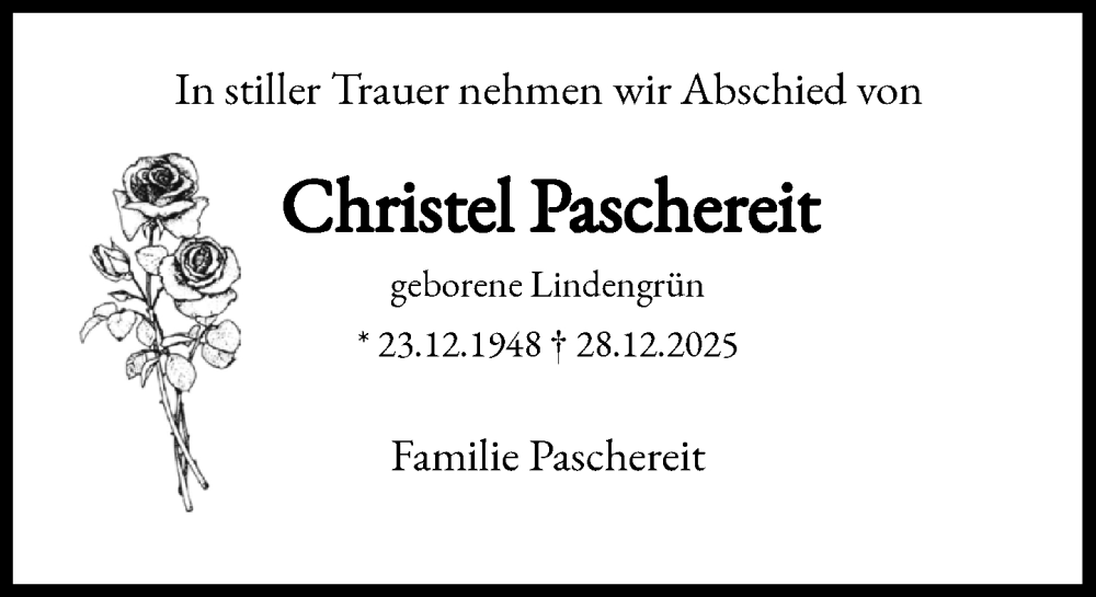  Traueranzeige für Christel Paschereit vom 10.01.2026 aus MARKT Ahrensburg/Bargteheide/Trittau und Stormarner Tageblatt
