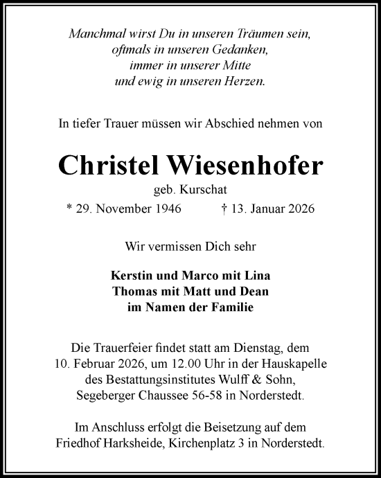 Traueranzeige von Christel Wiesenhofer von Heimatspiegel