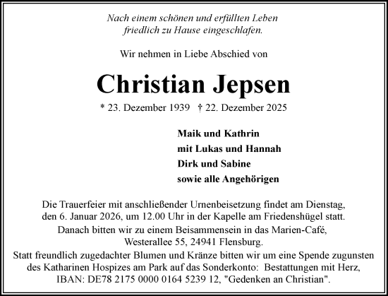 Traueranzeige von Christian Jepsen von Flensburger Tageblatt