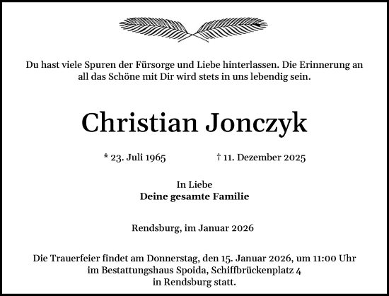 Traueranzeige von Christian Jonczyk von Schleswig-Holsteinische Landeszeitung