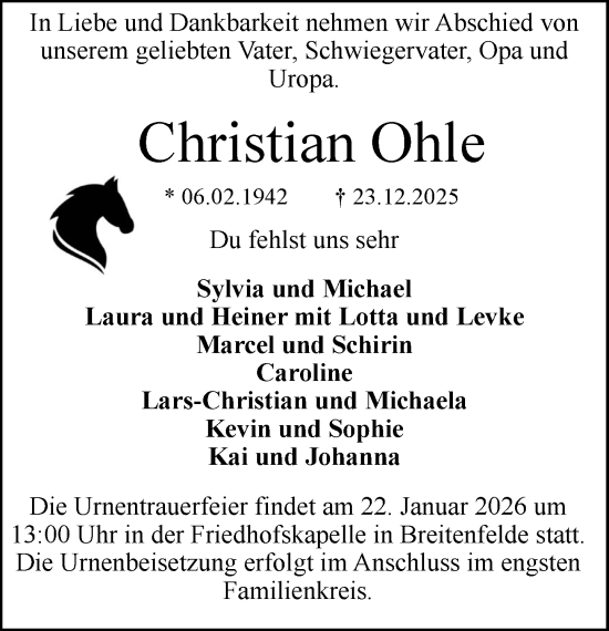 Traueranzeige von Christian Ohle von MARKT Ratzeburg/Mölln