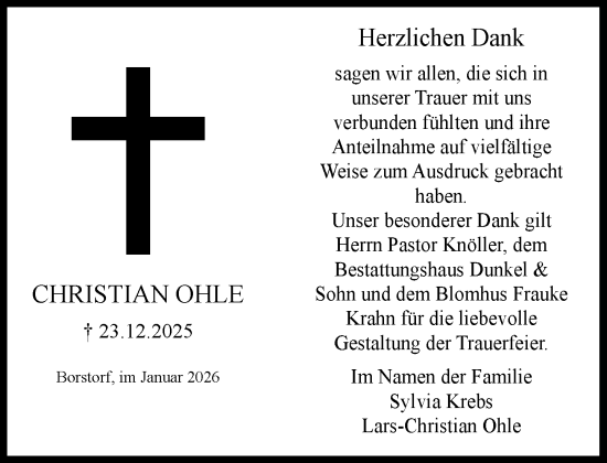 Traueranzeige von Christian Ohle von MARKT Ratzeburg/Mölln