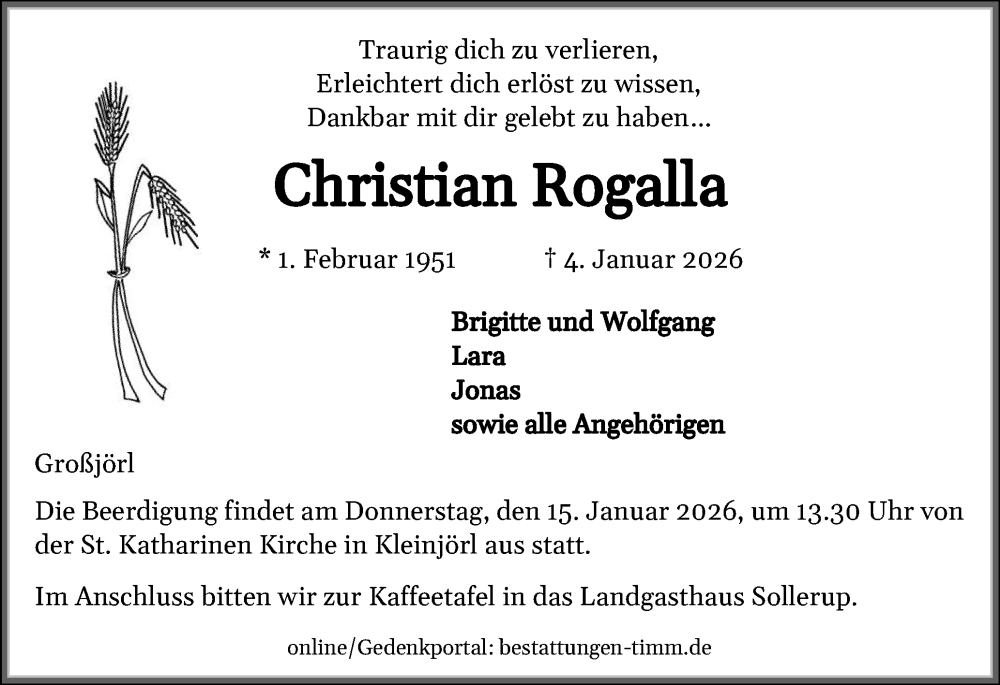  Traueranzeige für Christian Rogalla vom 10.01.2026 aus Flensburger Tageblatt
