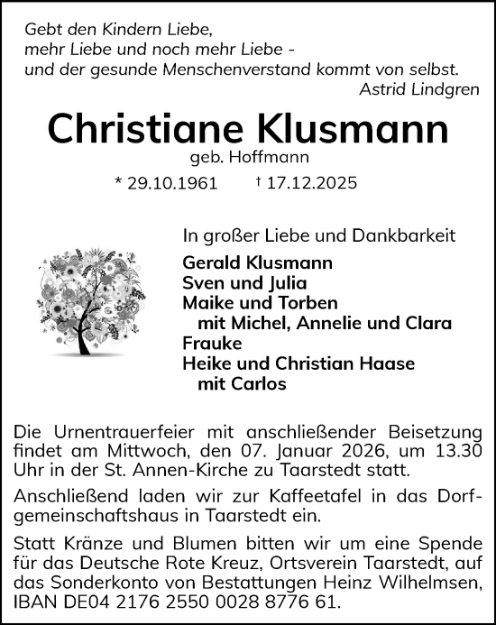 Traueranzeige von Christiane Klusmann von Schleswiger Nachrichten, Schlei-Bote