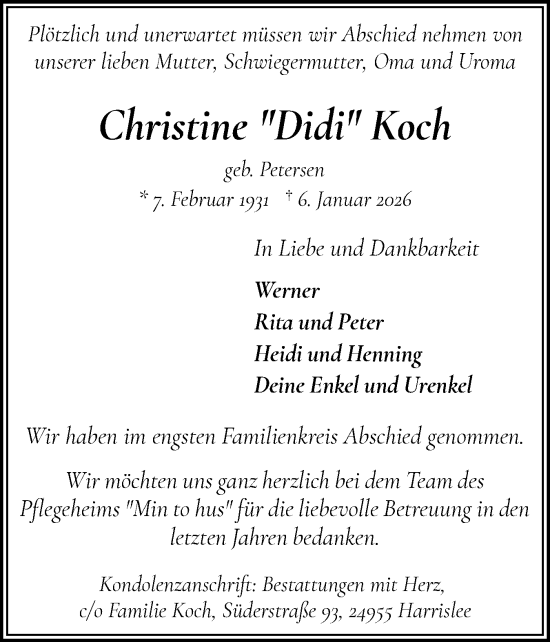 Traueranzeige von Christine Koch von Flensburger Tageblatt