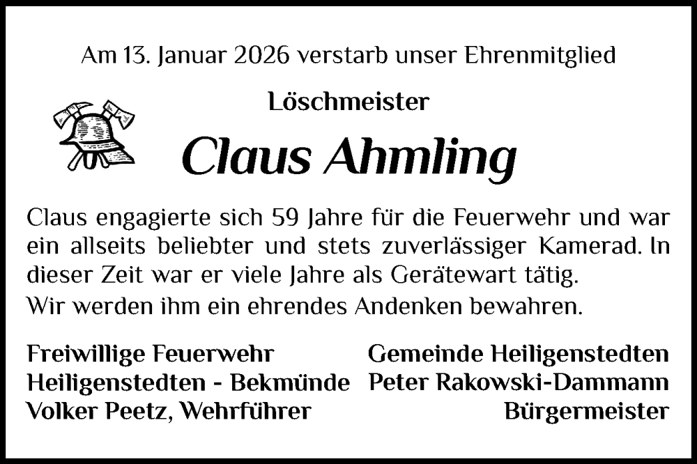  Traueranzeige für Claus Ahmling vom 17.01.2026 aus Norddeutsche Rundschau, Wilstersche Zeitung, Glückstädter Fortuna