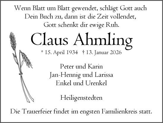 Traueranzeige von Claus Ahmling von Norddeutsche Rundschau, Wilstersche Zeitung, Glückstädter Fortuna