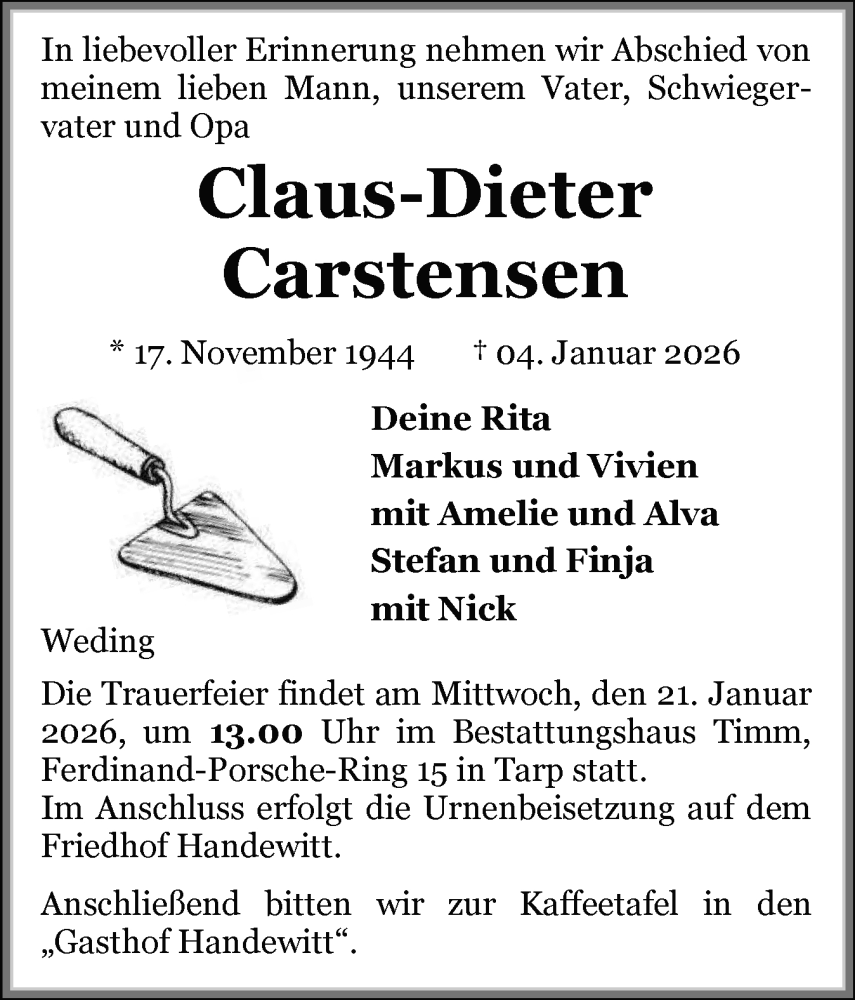  Traueranzeige für Claus-Dieter Carstensen vom 10.01.2026 aus Flensburger Tageblatt