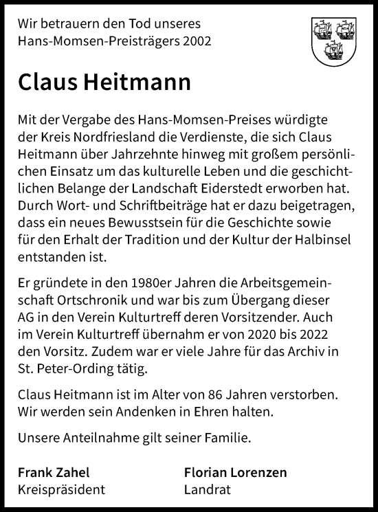 Traueranzeige von Claus Heitmann von Region Westküste