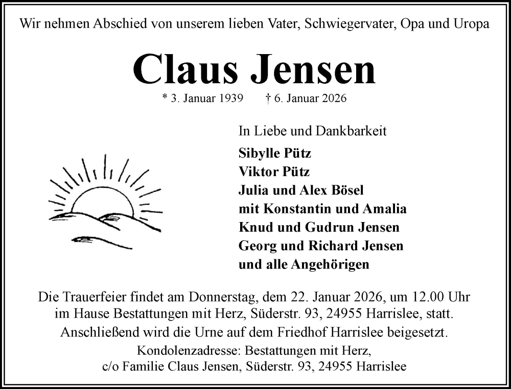  Traueranzeige für Claus Jensen vom 17.01.2026 aus Flensburger Tageblatt