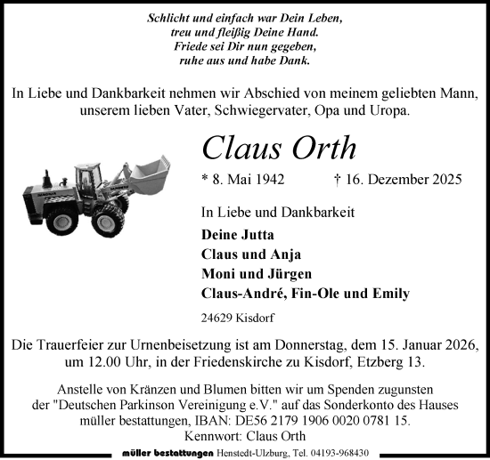 Traueranzeige von Claus Orth von Umschau