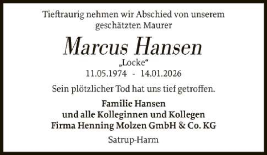 Traueranzeige von Marcus Hansen 