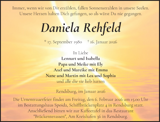 Traueranzeige von Daniela Rehfeld von Schleswig-Holsteinische Landeszeitung