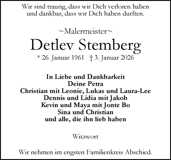 Traueranzeige von Detlev Stemberg von Husumer Nachrichten, Nordfriesland Tageblatt
