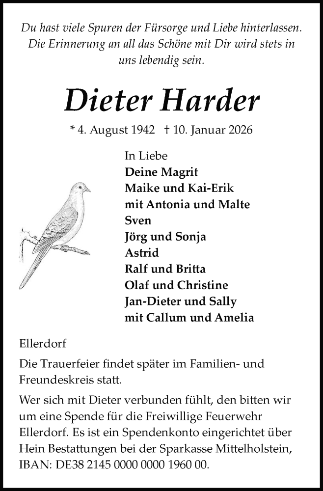  Traueranzeige für Dieter Harder vom 17.01.2026 aus Schleswig-Holsteinische Landeszeitung