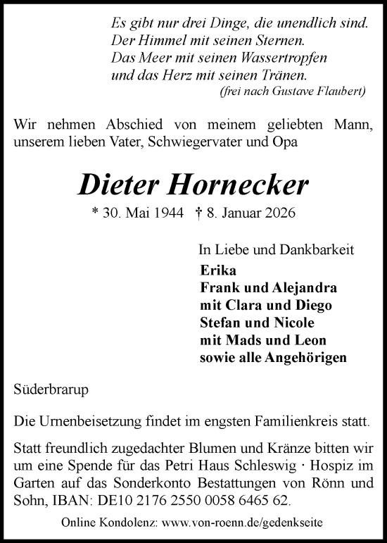 Traueranzeige von Dieter Hornecker von Flensburger Tageblatt, Schleswiger Nachrichten, Schlei-Bote