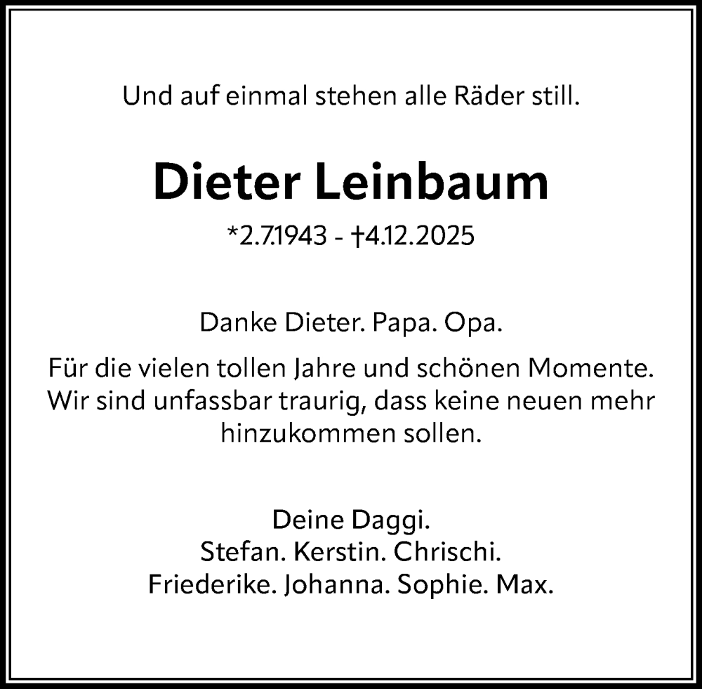 Traueranzeige für Dieter Leinbaum vom 10.01.2026 aus Umschau
