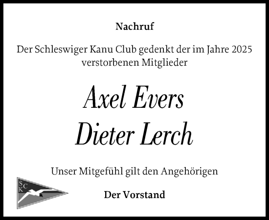 Traueranzeige von Dieter Lerch von Schleswiger Nachrichten, Schlei-Bote
