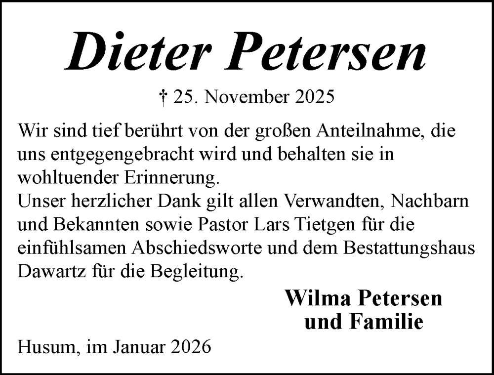  Traueranzeige für Dieter Petersen vom 10.01.2026 aus Husumer Nachrichten, Nordfriesland Tageblatt