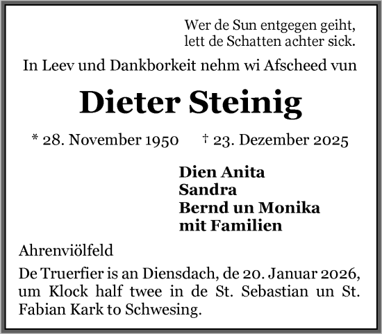 Traueranzeige von Dieter Steinig von Husumer Nachrichten, Nordfriesland Tageblatt
