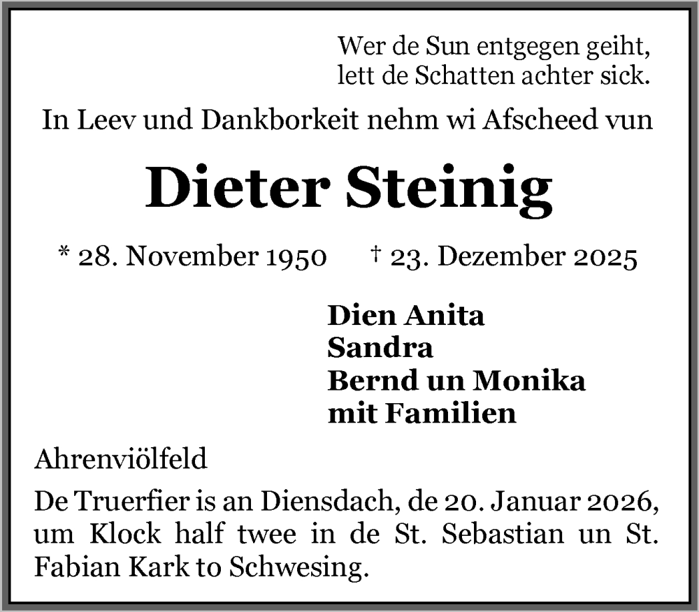  Traueranzeige für Dieter Steinig vom 03.01.2026 aus Husumer Nachrichten, Nordfriesland Tageblatt