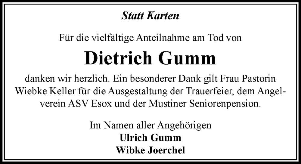 Traueranzeige für Dietrich Gumm vom 31.01.2026 aus MARKT Ratzeburg/Mölln