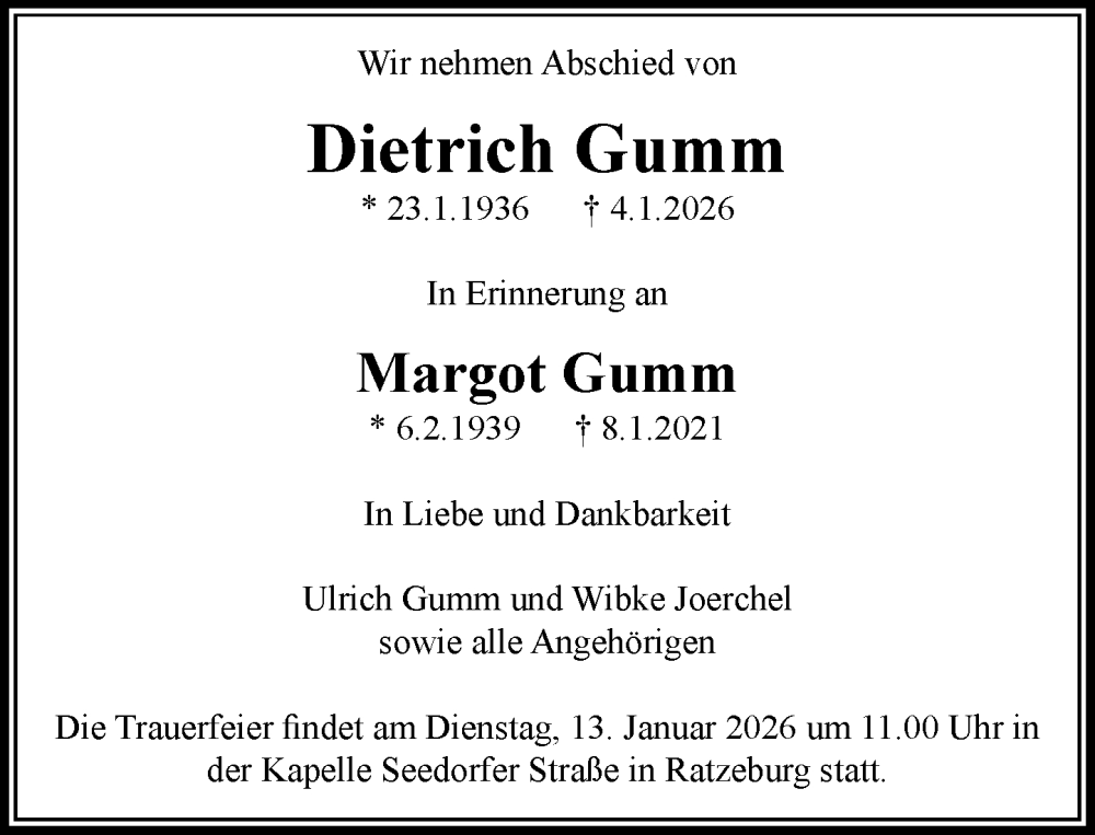  Traueranzeige für Dietrich Gumm vom 10.01.2026 aus MARKT Ratzeburg/Mölln