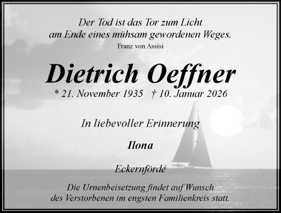 Traueranzeige von Dietrich Oeffner von Eckernförder Zeitung, Hallo Eckernförde
