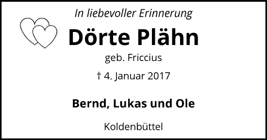 Traueranzeige von Dörte Plähn von Husumer Nachrichten, Nordfriesland Tageblatt