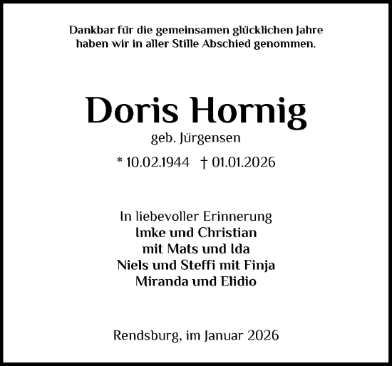Traueranzeige von Doris Hornig von Schleswig-Holsteinische Landeszeitung