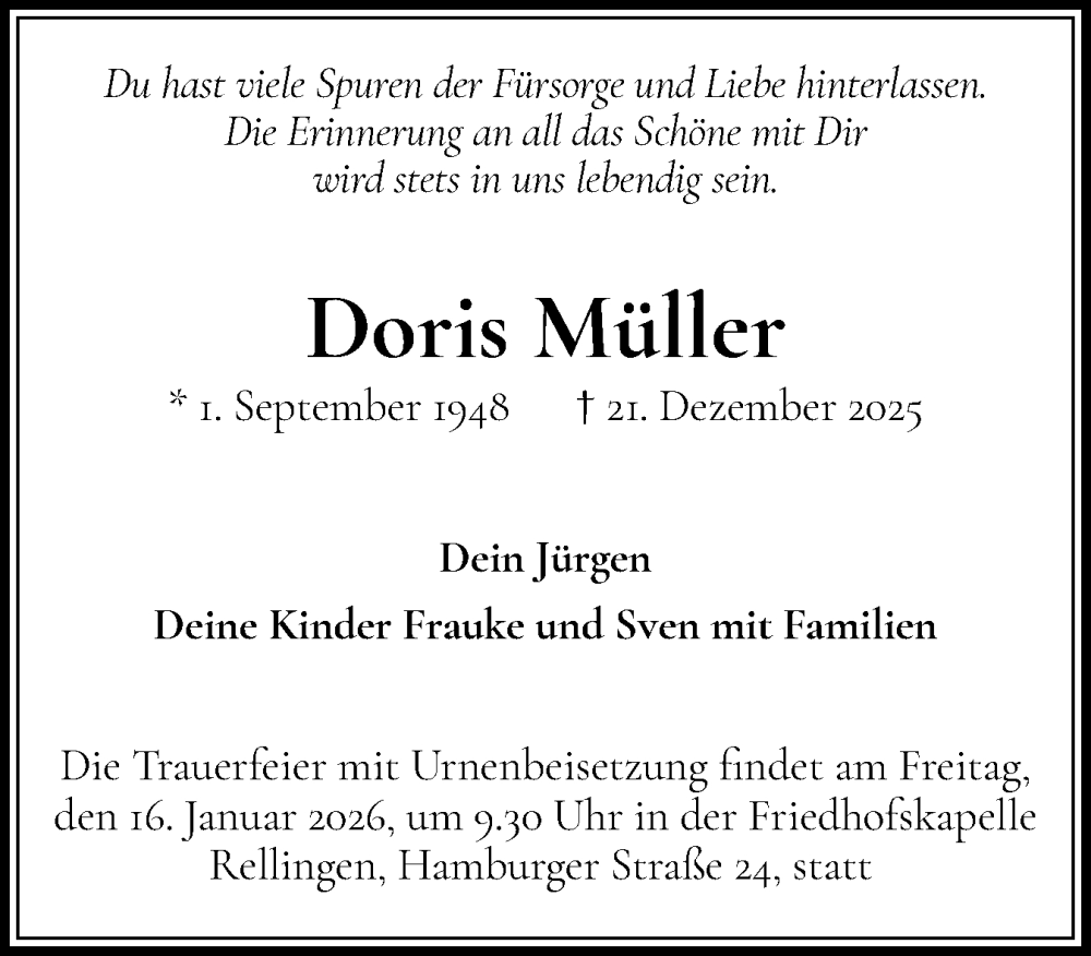  Traueranzeige für Doris Müller vom 10.01.2026 aus Region Pinneberg und tip Pinneberg
