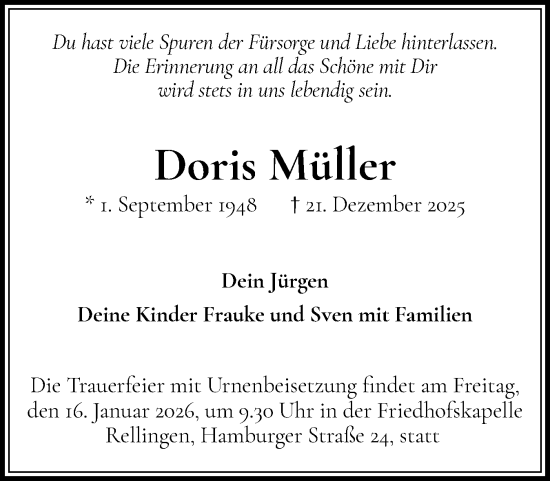Traueranzeige von Doris Müller von Region Pinneberg und tip Pinneberg